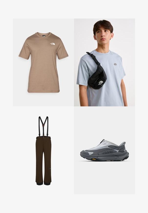 Šviesiai rudas medvilninis marškinėliai trumpomis rankovėmis su mažuoju baltu logotipu ant krūtinės. Klasikinis apvalus kaklo išpjova, lygi tekstūra ir standartinė prigludimo forma.; Rudos snieglenčių kelnės su reguliuojamais juodais petnešomis, užtrauktukais užsegamais kišenėmis, sustiprintais kraštais ir logotipo užklijuotu ženklu ant šlaunies.; Pilkas sportinis batelis su tinklelio viršutine dalimi, užtrauktuku ir tekstūruotais elementais. Turi Vibram pado savybes, užtikrinančias sukibimą ir ilgaamžiškumą.; Juodas nailoninis per petį dėklas su reguliuojamu dirželiu, išryškintu baltu logotipu. Nešiojamas ant šviesiai mėlynos marškinėlių. Paprastas, funkcionalus dizainas.