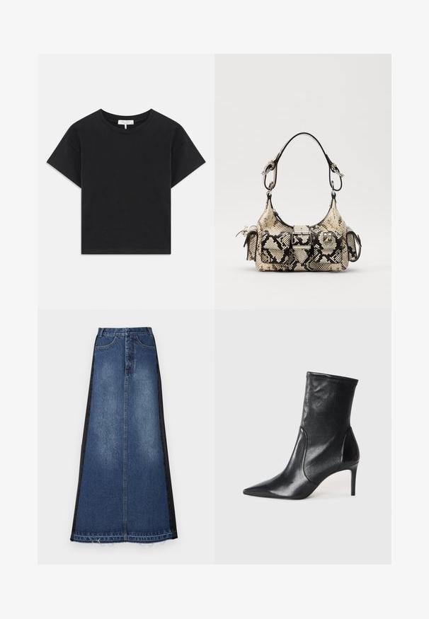Mustat lyhyet hihat ja pyöreä pääntie, yksinkertainen muotoilu ilman kuvioita tai koristeita, valmistettu puuvillasta.; Denim-maksihame, jossa on sininen pääosa ja mustat sivupaneelit, suora malli, repaleinen helma ja klassinen viisi-taskuinen muotoilu.; Mustat nilkkurit, jotka on valmistettu sileästä nahasta. Kenkien kärki on terävä, varsi on tiukka ja korko on hoikka ja korkea. Minimalistinen muotoilu ilman näkyvää metalliosaa.; Python-print laukku beige ja mustana, jossa on jämäkkä muoto, solkidetali ja kaksinkertaiset olkahihnat. Rakeinen pinta.