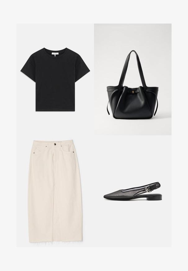 Black cropped t-shirt made of cotton, featuring a round neckline, short sleeves, and a simple design with no patterns or embellishments.; rag & bone AVERY SKIRT - Denim skirt - ecru; rag & bone ASTRA SLINGBACK - Slingback ballet pumps - black; Black leather tote bag with two long straps, a cinched top, and a gold circular accent. Smooth texture with a minimalist design.