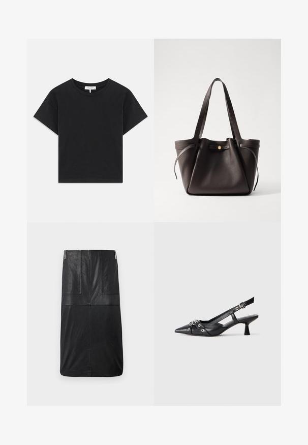 Mustat lyhyet hihat ja pyöreä pääntie, yksinkertainen muotoilu ilman kuvioita tai koristeita, valmistettu puuvillasta.; Musta nahkainen lyhyempi hame, jossa on sileä pinta, pystysuorat ompeluyksityiskohdat ja huomaamaton sivuvetoketju.; Mustat nahkakengät, joissa on avonainen takaosa ja kärjessä terävä muoto, koristevyöt, joissa on metalliset reiät, sekä matala lohkoepohja. Teksturoitu pinta.; Tummanruskea nahkakassi, jossa on kaksi tukevää kahvaa, kiristettävä suuaukko ja kullanvärinen nappisuljenta. Teksturoitu pinta, jossa on minimaalisia korosteita.