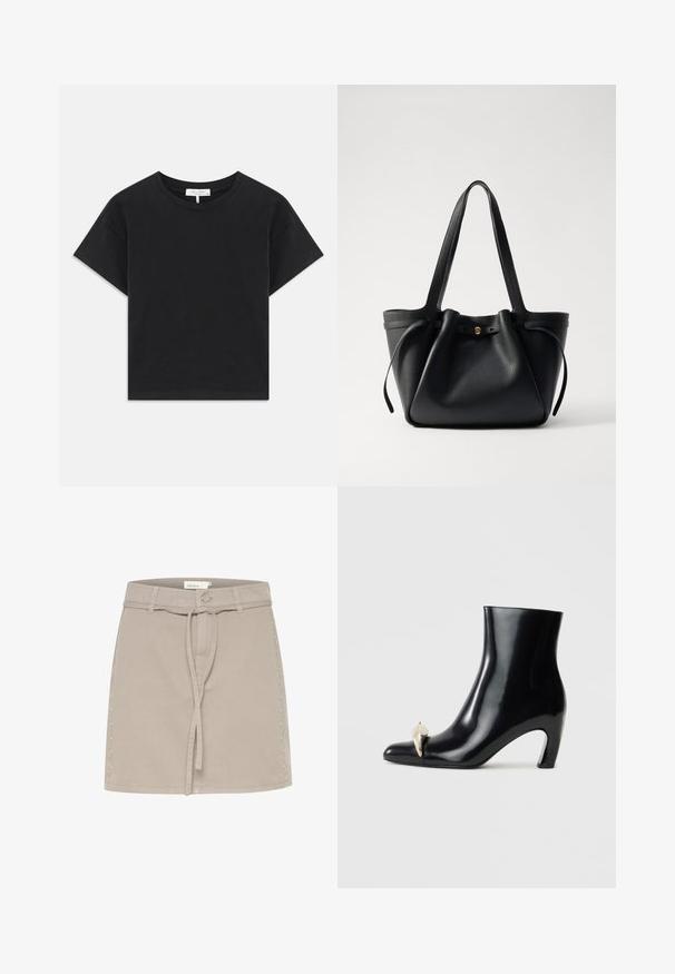 Mustat lyhyet hihat ja pyöreä pääntie, yksinkertainen muotoilu ilman kuvioita tai koristeita, valmistettu puuvillasta.; Beige farkku minihame, jossa on vyölenkit, etutasku ja koristehelmet oikealla puolella. Sileä rakenne ja jäntevä muoto.; Mustat nilkkurit, jotka on valmistettu kiiltävästä nahasta, ja joissa on terävä kärki sekä koristeellinen kultainen ja hopeinen aksentti edessä. Laiton korko.; Mustan nahkatote-bag, jossa on kaksi pitkää kantohihnaa, nyöri ylhäällä ja kultainen pyöreä koriste. Silkkinen pinta ja minimalistinen muotoilu.