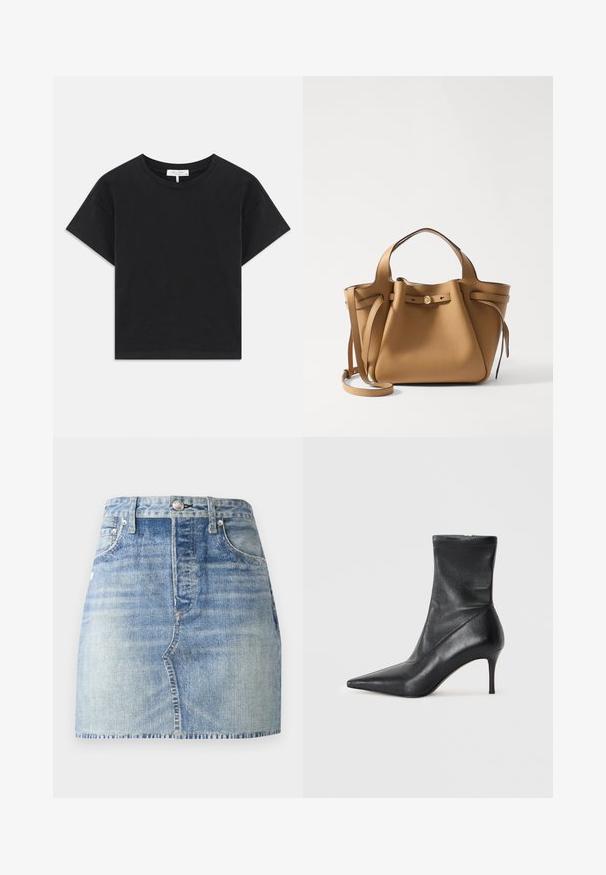 Černé zkrácené tričko vyrobené z bavlny, s kulatým výstřihem, krátkými rukávy a jednoduchým designem bez vzorů nebo ozdob.; Světle modrá džínová mini sukně s vysokým pasem, zakončeným lemem, předními kapsami a kovovým zapínáním. Opraný vzhled dodává texturu.; Černé kožené kotníkové boty s špičatou špičkou, štíhlým jehlovým podpatkem a těsným vrškem podobným ponožce. Hladký povrch s minimálními detaily šití.; Tory Burch ROMY PEBBLED SATCHEL - Kabelka - tiramisu