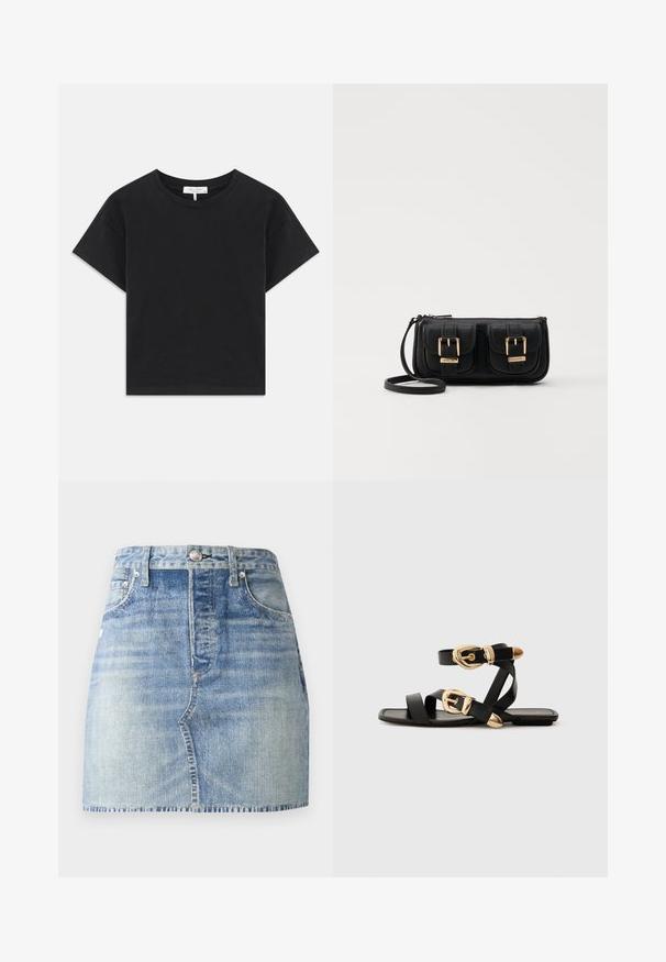 Black cropped t-shirt made of cotton, featuring a round neckline, short sleeves, and a simple design with no patterns or embellishments.; Denim skirt in light blue wash, high-waisted with a fitted design, frayed hem, and classic five-pocket style. Silver hardware accents.; Black leather sandals with gold buckle accents, featuring multiple straps and a flat sole design for open-toe wear.; Black leather crossbody bag with two front pockets, gold buckles, zipper closure, and a slim strap. Textured surface and compact rectangular shape.