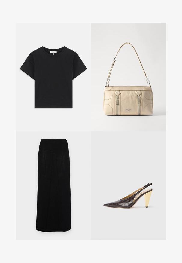 Černé zkrácené tričko vyrobené z bavlny, s kulatým výstřihem, krátkými rukávy a jednoduchým designem bez vzorů nebo ozdob.; Černá pletená maxi sukně se slušivým rovný střih, s žebrovaným pasem a jemnými vertikálními švy po stranách.; Slinbková podpatková obuv s špičatou špičkou v tmavě hnědé lesklé umělé krokodýlí kůži. Obsahuje zlatý geometrický podpatek a nastavitelný páskový pásek kolem kotníku.; Beige kožená kabelka se stříbrným kováním, dvě boční zipy, strukturovaný design a odnímatelný popruh pro všestranné nošení.