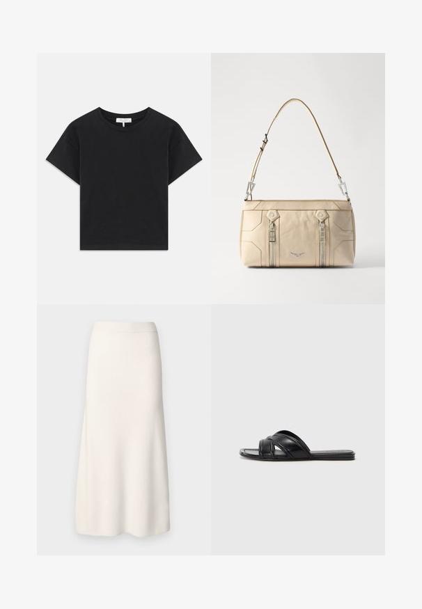 Svart kortärmad t-shirt i bomull med rund halsringning, korta ärmar och en enkel design utan mönster eller dekorationer.; Knälång, krämfärgad ribbad kjol med tight midja och utflädd nederdel. Slät textur med jämnt mönster och inga synliga utsmyckningar.; Svarta slidesandaler med en slät läderfinish, med korsade remmar och utskärningar, samt en platt, flexibel sula.; Beige läderhandväska med silverdetaljer, två sidoglittrar, strukturerad design och en avtagbar rem för mångsidighet.