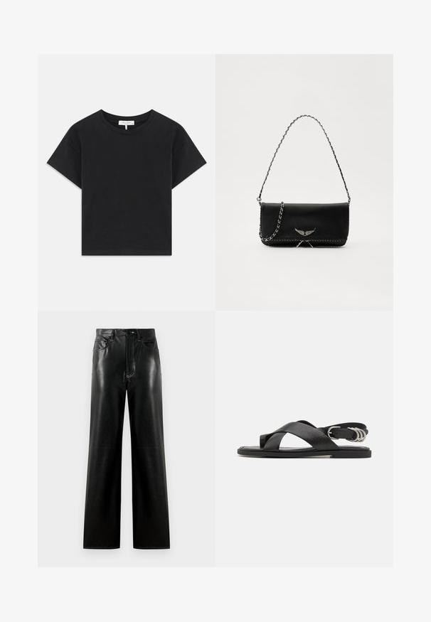 T-shirt noir cropped en coton, avec un col rond, des manches courtes et un design simple sans motifs ni embellissements.; Pantalons larges en cuir noir avec une finition lisse, dotés d'un bouton et d'une fermeture éclair, de poches avant et de détails de surfilage contrastants.; rag & bone GIA TOE LOOP - Sandales - black; Sac à main en cuir noir avec une bandoulière en chaîne argentée, présentant des accents décoratifs en forme d'ailes et des coutures blanches le long de la couture inférieure.