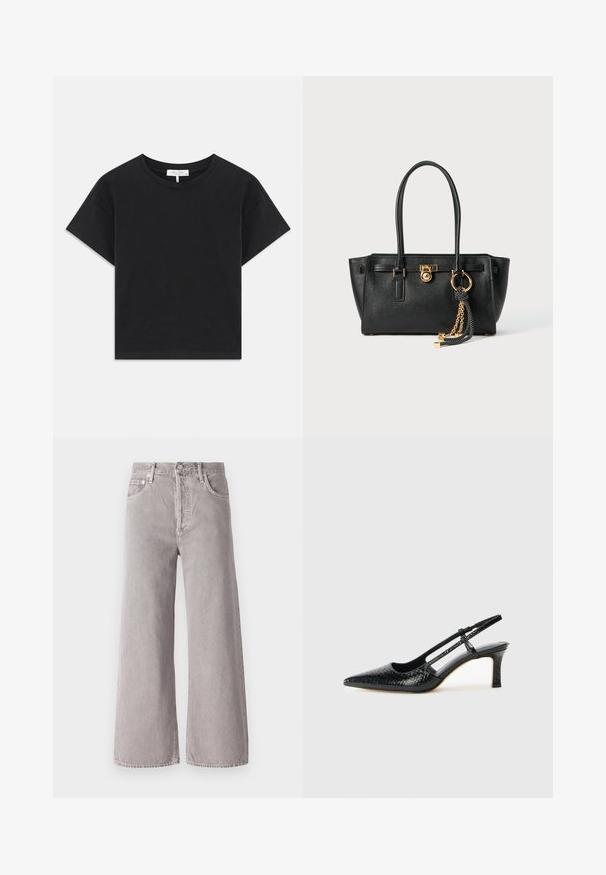 T-shirt noir cropped en coton, avec un col rond, des manches courtes et un design simple sans motifs ni embellissements.; Agolde REN - Jean boyfriend - owl; Escarpin slingback en vernis noir avec un bout pointu, présentant un imprimé serpent texturé, une sangle réglable et un petit talon bloc texturé.; Sac à main en cuir noir avec double anses, serrure dorée et détails en chaîne, et accessoire à pompon noir et blanc sur fond blanc.