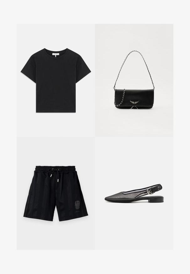 Čierny skrátený tričko vyrobené z bavlny, s okrúhlym výstrihom, krátkymi rukávmi a jednoduchým dizajnom bez vzorov alebo ozdôb.; Čierne športové nohavice s elastickým pásom a šnúrkou, s horizontálnymi pruhmi a jemným emblémom na ľavom stehne.; rag & bone ASTRA SLINGBACK - Balerínky na šnúrky - black; Čierna kožená kabelka so strieborným reťazovým popruhom, so zdobnými krídelnými akcentmi a bielym prešívaním pozdĺž dolného švu.