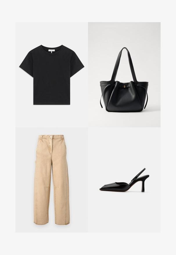 Must must, mis mustest valmistatud T-särk, millel on ümar kaelus, lühikesed varrukad ja lihtne disain ilma mustrite või kaunistusteta.; Beige laiused püksid nuppude kinnitusega, kahe küljetaskuga, kerge kulumise ja fridetud servadega. Valmistatud pehmest, tekstureeritud kangast.; Must musta slingback-kand käptelastega, terava varvaga, minimalismi disainiga, õhuke pahkluu rihm ja sujuv stiletto-kõrgus. Sile tekstuur.; Must musta kott, millel on kaks pikka rihma, kergelt kokkusurutud ülaosa ja kuldne ümmargune aksessuaar. Sile tekstuur ja minimalistlik disain.