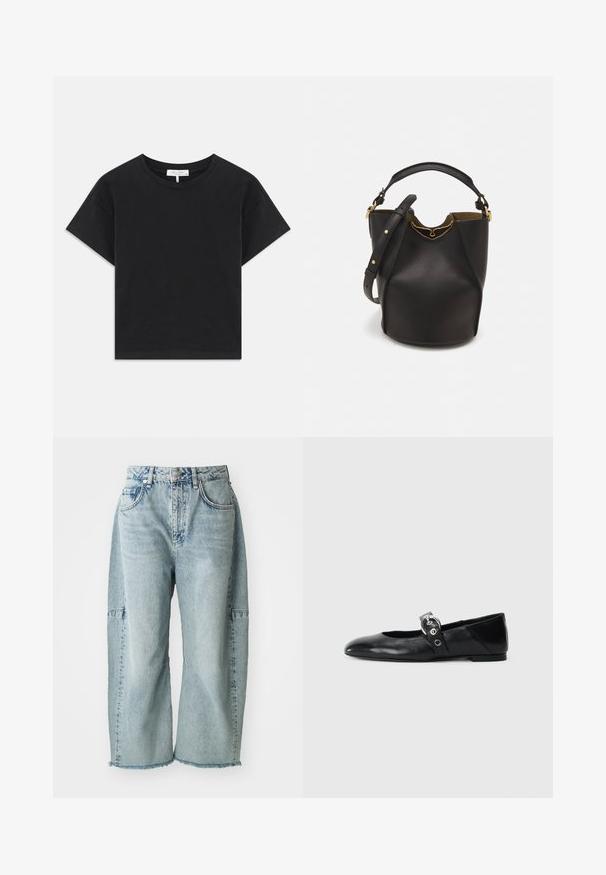 Must must, mis mustest valmistatud T-särk, millel on ümar kaelus, lühikesed varrukad ja lihtne disain ilma mustrite või kaunistusteta.; Heledad sinine denimpüksid on laia säärtega, kärbitud ääride ja lapitud detailidega. Need on valmistatud pehmest, tekstureeritud puuvillast materjalist.; Mustadest nahast balleti kingad terava varbaga, millel on rihm ümmarguse metallist pandlaga ja lame tald.; Mustast nahkämbriga kott tekstuurses viimistluses, kuldsete metalldetailide aktsentidega ja avatud ülaosaga. Omab lühikest käepidet ja reguleeritavat õlavarre rihma.