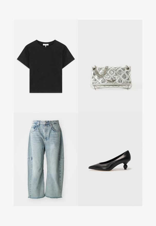 Čierny skrátený tričko vyrobené z bavlny, s okrúhlym výstrihom, krátkymi rukávmi a jednoduchým dizajnom bez vzorov alebo ozdôb.; Svetlomodré džíny z denimu majú široký strih, roztrhnuté lemy a akcenty z patchworku. Vyrobené z mäkkého, textúrovaného bavlneného materiálu.; Čierna kožená vysoká topánka na podpätku s ostrým špičkou a okrúhlym, guľatým podpätkom. Hladký povrch s moderným, minimalistickým dizajnom.; Strieborná metalická kabelka s reťazovým držadlom, prešívanou textúrou, dekoratívnym prešívaním a zipsovým uzáverom. Na prednej strane má vyrazené akcenty.