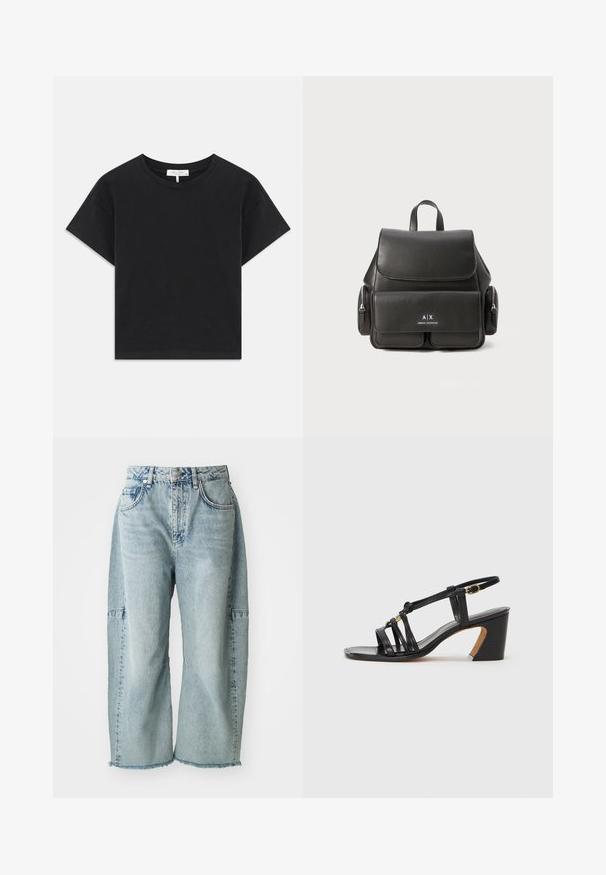 Juodas trumpas medvilninis marškinėliai su apvaliu iškirpimu, trumpomis rankovėmis ir paprastu dizainu be raštų ar puošmenų.; Šviesiai mėlynos džinsinės kelnės pasižymi plačiomis kojomis, suplėšytais kraštais ir aplikacijomis. Pagamintos iš minkštos, tekstūruotos medvilnės medžiagos.; Paul Smith AMIRA - Klasikiniai aukštakulniai - black; Juodas odinis kuprinė su uždengimu, priekinė kišenė, šoninės užtrauktukų kišenės ir viršutinė rankena. Priekyje yra logotipo detalizavimas.