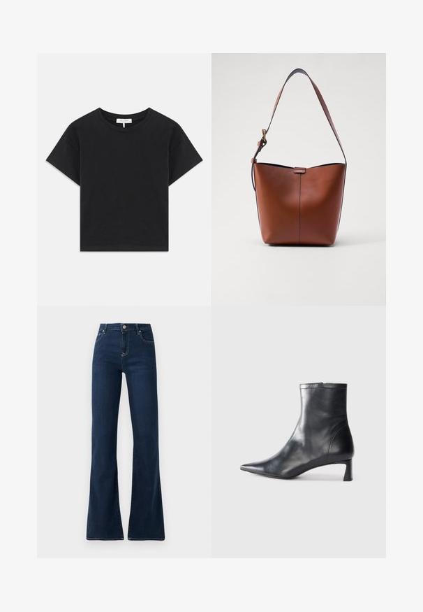 Černé zkrácené tričko vyrobené z bavlny, s kulatým výstřihem, krátkými rukávy a jednoduchým designem bez vzorů nebo ozdob.; Tmavě modré rozšířené džíny s vysokým pasem, vyrobené z denimové tkaniny. Obsahují dvě přední kapsy a kontrastní stehy podél švů.; Černé kožené kotníkové boty s špičatou špičkou a elegantním designem. Mají nízký podpatek a zipové zapínání na zadní straně. Hladká textura.; Hnědá kožená taška přes rameno s zakřiveným tvarem, hladkou texturou a jedním tenkým popruhem. Obsahuje jemný šev a malý detail loga.