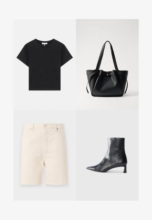 Zwarte cropped t-shirt van katoen, met een ronde halslijn, korte mouwen en een eenvoudig ontwerp zonder patronen of versieringen.; Beige denim shorts met een rechte snit, voorzien van een knoopsluiting, riemlussen en een franjeszoom. Vijf-pocket ontwerp.; Zwarte leren enkellaars met een spitse neus en een slank ontwerp. Heeft een lage hak en een ritssluiting aan de achterkant. Gladde textuur.; Zwarte lederen tote bag met twee lange hengsels, een gathered bovenkant en een gouden ronde accent. Glad textuur met een minimalistisch ontwerp.