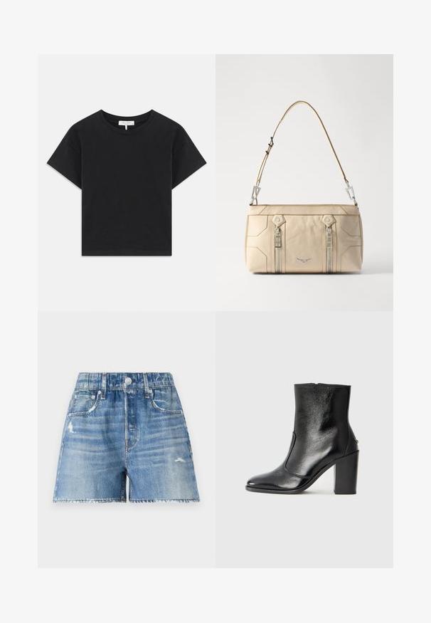 Crna skraćena majica od pamuka, s okruglim izrezom, kratkim rukavima i jednostavnim dizajnom bez uzoraka ili ukrasa.; Traper šorts u svijetloplavom denimu sa iznošenim detaljima, pet džepova i rastrganim rubom. Ima zatvaranje na dugme i petlje za remen.; Crna kožna čizma do gležnjeva s glatkom teksturom, špicastim vrhom i debelim visokim potpeticama. Ima bočni otvor i minimalistički dizajn.; Bež ženska torba od kože sa srebrnim detaljima, dva bočna zipa, strukturirani dizajn i uklonjiva traka za svestranost.