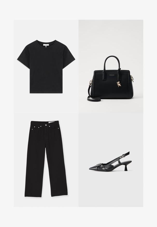 Black cropped t-shirt made of cotton, featuring a round neckline, short sleeves, and a simple design with no patterns or embellishments.; Black wide-leg jeans made of denim, featuring a five-pocket design, button closure, and metal hardware accents. Textured fabric with a smooth finish.; Black leather slingback shoe with a pointed toe, decorative straps featuring metal eyelets, and a low block heel. Textured surface.; Black leather handbag with structured design, dual top handles, detachable shoulder strap, gold hardware, and a logo charm accent.