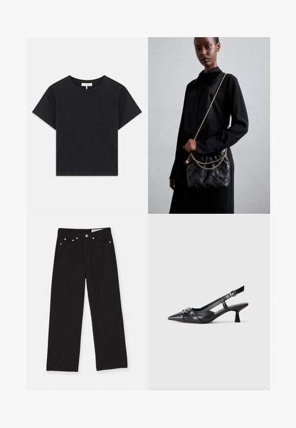 Melnā īsā krekla t-kreklu, kas izgatavots no kokvilnas, ar apaļu kakla izgriezumu, īsām piedurknēm un vienkāršu dizainu bez rakstiem vai rotājumiem.; Melni platajā kāja džinsi izgatavoti no denima, ar piecu kabatu dizainu, pogu aizdari un metāla elementu akcentiem. Tekstūru audums ar gludu apdari.; Melnas ādas šlipsveida kurpes ar norādītu purngalu, dekoratīvām joslām ar metāla acīm un zemu bloku papēdi. Teksturēta virsma.; Melna kvadrātveida ādas rokassomiņa ar salocītu augšu, zelta ķēdes siksnu un taisnstūra formu, turēta pret vienkāršu fona.