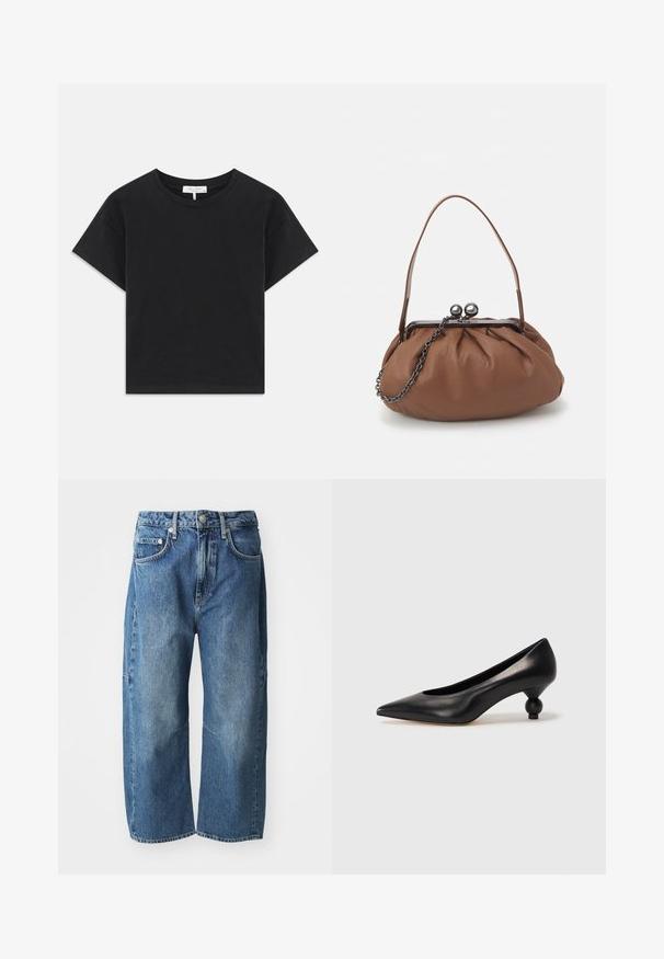 Svart kortärmad t-shirt i bomull med rund halsringning, korta ärmar och en enkel design utan mönster eller dekorationer.; Blå denimjeans med en lös, bred passform, med framfickor, knapp- och dragkedjestängning, samt subtil blekning vid knäna.; Svart läderhögklackad sko med spetsig tå och rund, bollformad klack. Slät yta med en elegant, minimalistisk design.; Brun läderhandväska med en samlad design, ett kort läderhandtag och en kedjestrapsrem. Har ett silverfärgat metallspänne med två runda detaljer.