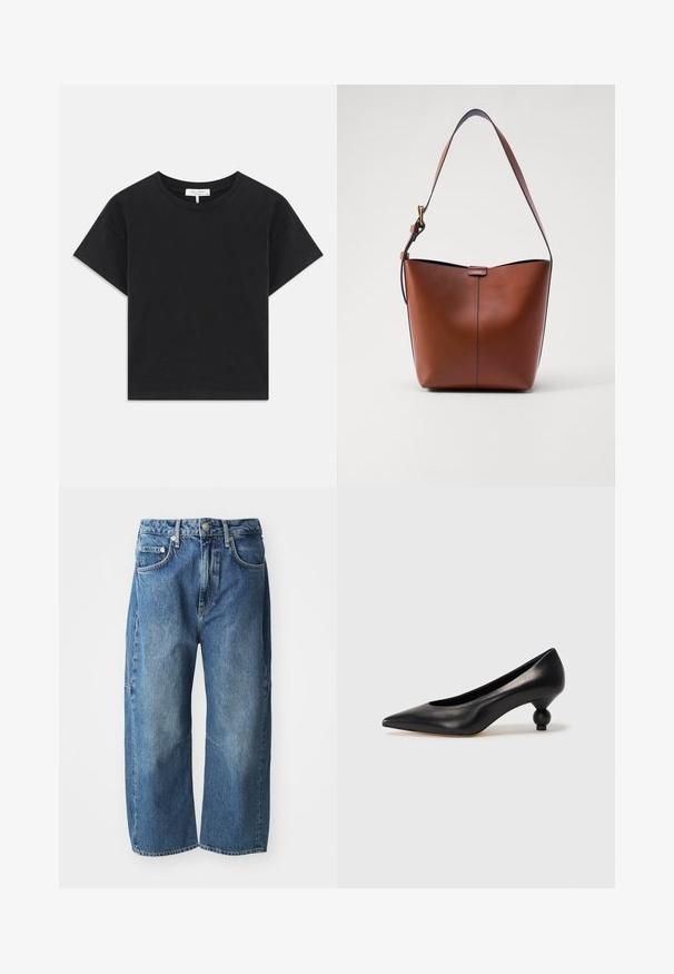 Tricou scurt negru din bumbac, cu un gât rotund, mâneci scurte și un design simplu, fără modele sau embellismente.; Blugi din denim albastru cu un design lejer, cu picioare largi, având buzunare frontale, închidere cu nasture și fermoar, și o ușoară decolorare la genunchi.; Pantofii cu toc înalt din piele neagră, cu vârf ascuțit și toc rotund, mimos. Textură netedă, cu un design elegant și minimalist.; Geantă de umăr din piele maro, cu o formă curbată, textură netedă și o curea subțire. Prezintă o cusătură subtilă și un detaliu mic cu logo.