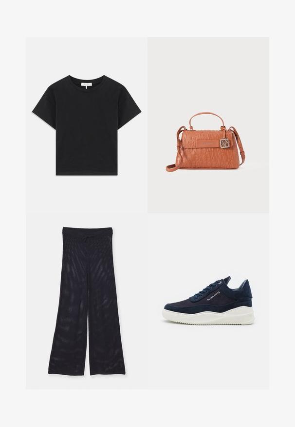 Juodas trumpas medvilninis marškinėliai su apvaliu iškirpimu, trumpomis rankovėmis ir paprastu dizainu be raštų ar puošmenų.; Juodos, laisvo kirpimo, plačios kojų kelnės, pagamintos iš kvėpuojančio tinklelio. Savybė - elastinga juosmens juosta su raišteliu reguliavimui.; Tamsiai mėlyni zomšiniai sportbačiai su baltais guminiais padais, apvaliu priekiu ir raištelių uždarymo dizainu. Suteikia logotipo detalę šone ir tekstūrines akcentus.; Oranžinė odinė rankinė su iškilio logotipo dizainu, viršutine rankena, reguliuojamu peties diržu ir sidabro spalvos detalių akcentu.