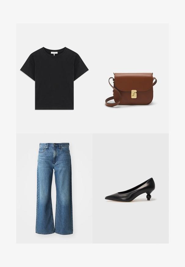Black cropped t-shirt made of cotton, featuring a round neckline, short sleeves, and a simple design with no patterns or embellishments.; Wide-leg blue denim jeans with a mid-rise waistband, five pockets, and subtle fading. Features include belt loops and stitched detailing.; Black leather high heel shoe with a pointed toe and a round, balled heel. Smooth texture with a sleek, minimal design.; Brown leather handbag with a flap closure, gold-tone hardware, a shoulder strap, and a smooth texture. Compact rectangular shape.