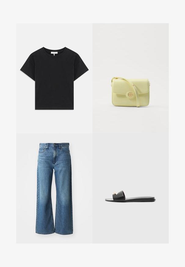 Must must, mis mustest valmistatud T-särk, millel on ümar kaelus, lühikesed varrukad ja lihtne disain ilma mustrite või kaunistusteta.; Laiad sinised denim püksid keskmise kõrgusega vöökoht, viie taskuga ja peene kulumisega. Omadusteks on vöökohakonksud ja õmbluste detailid.; Mustad musta sandaalid laia pealskega, siledast nahast, avatud varvaste disainiga ja kuldse aktsendiga rihmal. Tasane tald.; Tory Burch ROBINSON SHOULDER BAG - Käekott - lemon