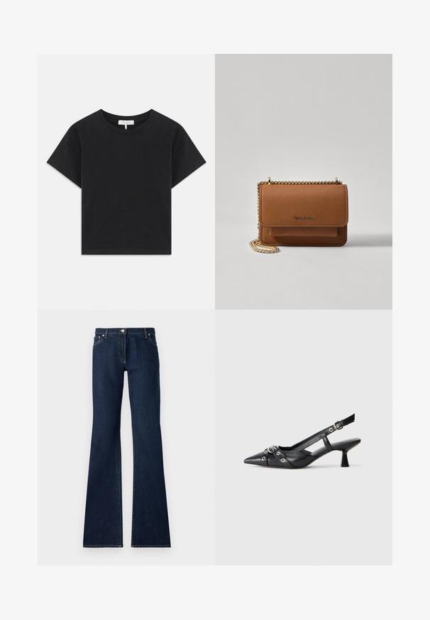 Čierny skrátený tričko vyrobené z bavlny, s okrúhlym výstrihom, krátkymi rukávmi a jednoduchým dizajnom bez vzorov alebo ozdôb.; Tmavomodré rozšírené džínsy vyrobené z denimu, s dizajnom piatich vreciek, pútkami na opasok a kontrastným žltým prešívaním pozdĺž švov.; Čierne kožené slingback topánky s špicatou špičkou, ozdobnými popruhmi s kovovými očkami a nízkym blokovým podpätkom. Textúrovaný povrch.; Hnedá textúrovaná kožená taška cez telo s zlatým reťazovým popruhom a preklopným uzáverom. Predná strana obsahuje detail s logom a vrecko pod preklopkou.