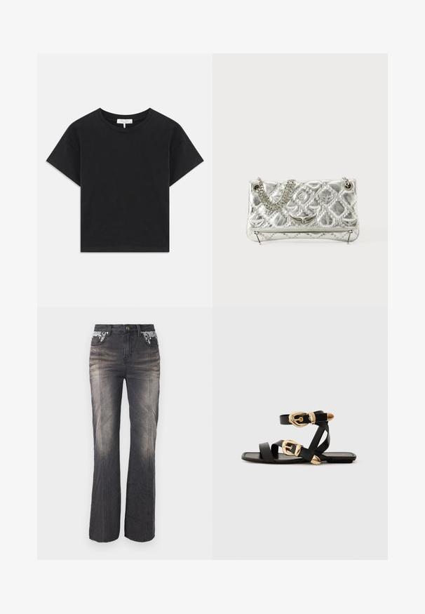 Fekete cropped póló, pamutból készült, kerek nyakú, rövid ujjú, egyszerű dizájnnal, minta vagy díszítés nélkül.; Fekete farmernadrág egyenes lábbal, csipkebetéttel a zsebeknél és enyhe kopással. A hardver fémgombból és szegecsekből áll.; Fekete bőr szandál arany csattal, több hevederrel és lapos talpú dizájnnal, nyitott lábujjú viselethez.; Ezüst színű fémes kézitáska lánckarral, steppelt textúrával, díszített varrással és cipzáros záródással. A fonákján domború részletek találhatók.