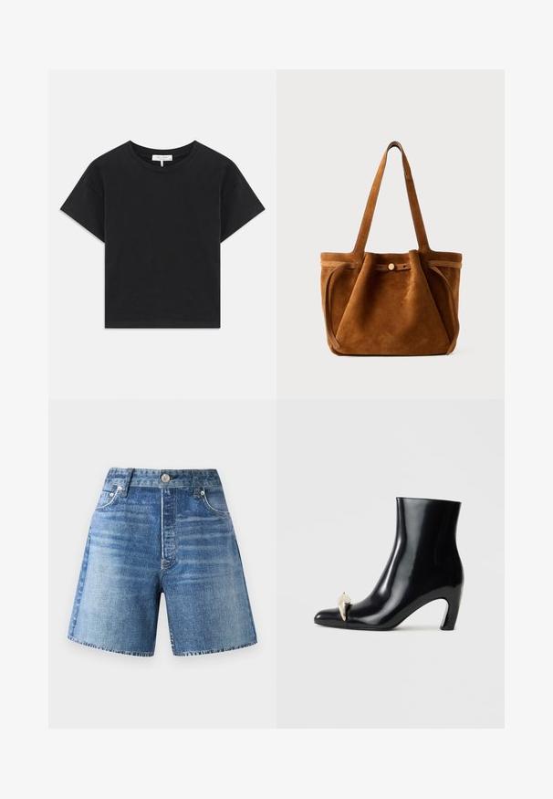 Fekete cropped póló, pamutból készült, kerek nyakú, rövid ujjú, egyszerű dizájnnal, minta vagy díszítés nélkül.; Világos kék mosású farmer sort, magas derékkal, öt zsebbel és gombos zárással, elhalványult textúrával és nyers szegéllyel.; Fekete bokacsizma fényes bőrből, hegyes orral és díszes arany- és ezüstszínű részlettel az elején. Tömör sarok kialakítás.; Barna velúr tote táska, dupla fogantyúval, gombos záródással és laza, enyhén ülepedett formával.