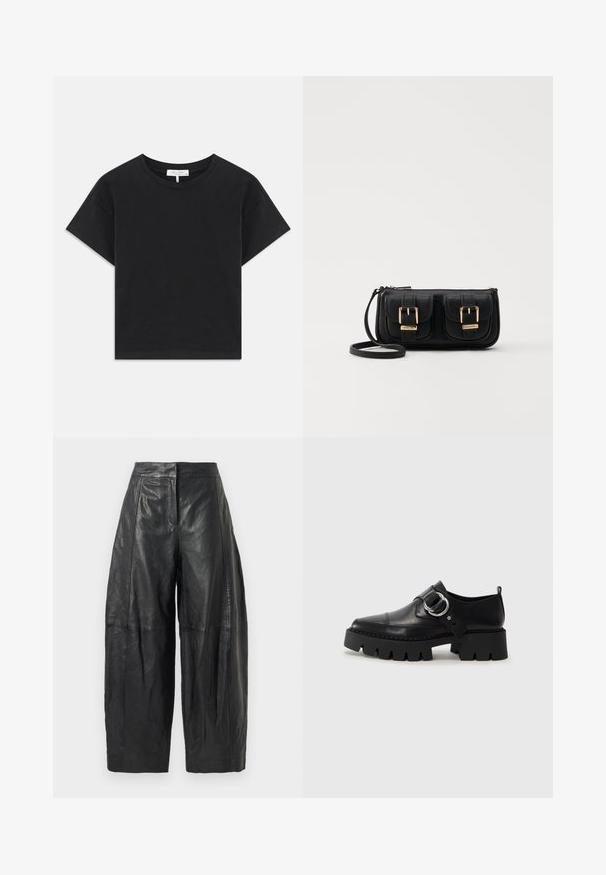 Juodas trumpas medvilninis marškinėliai su apvaliu iškirpimu, trumpomis rankovėmis ir paprastu dizainu be raštų ar puošmenų.; Juodų odinių plačių kelnių su aukštu liemeniu, turinčių subtilius siūlus ir lygią tekstūrą. Trumpas ilgis iki pusės blauzdos.; Juodos odinės bateliai su masyviu, grioveliuotu padu, su apvaliu sidabro detalės akcentu ir minimaliais siuvimo elementais.; Juodas odinis per petį nešiojamas krepšys su dviem priekiniais kišenėmis, auksiniais sagtimis, užtrauktuko uždarymu ir siauromis petnešomis. Textūruota paviršius ir kompaktiškas stačiakampis formatas.