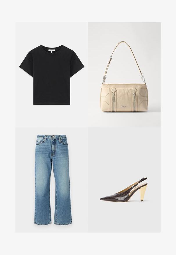 Zwarte cropped t-shirt van katoen, met een ronde halslijn, korte mouwen en een eenvoudig ontwerp zonder patronen of versieringen.; Lichtblauwe denim jeans met een wijd beenontwerp, vijf zakken en een knoopsluiting. De stof heeft subtiele vervaging en een klassieke textuur.; Puntige slingback hak in donkerbruin glanzend faux krokodillenleer. Kenmerkt zich door een goudkleurige geometrische hak en een verstelbare enkelband.; Beige leren handtas met zilveren hardware, twee zijritsen, gestructureerd ontwerp en een afneembare schouderband voor veelzijdigheid.
