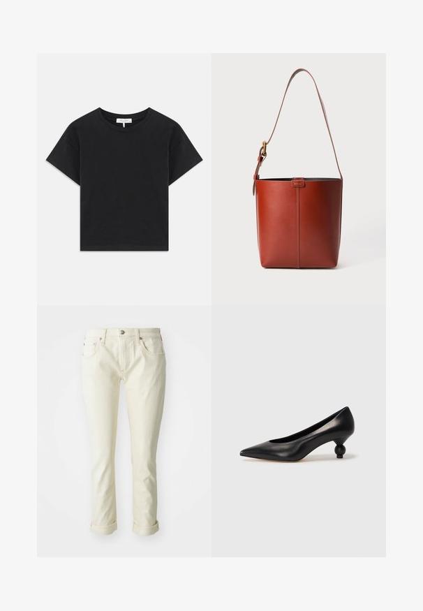 Zwarte cropped t-shirt van katoen, met een ronde halslijn, korte mouwen en een eenvoudig ontwerp zonder patronen of versieringen.; Beige spijkerbroeken met een aansluitend ontwerp, voorzien van vijf zakken, een ritssluiting en opgerolde manchetten voor een cropped afwerking.; Zwarte leren hoge hak schoen met een spitse neus en een ronde, bolle hak. Gladde textuur met een elegant, minimalistisch ontwerp.; Bruine lederen emmerzak met verstelbare schouderband en gouden gesp, eenvoudige verticale naaddetails aan de voorkant.