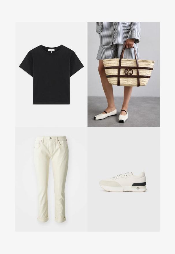 Črni skrajšan majica iz bombaža, z okroglim izrezom, kratkimi rokavi in preprostim dizajnom brez vzorcev ali okrasnih elementov.; Bež jeans hlače s fitted dizajnom, ki vključujejo pet žepov, zadrgo in zavihke za skrajšan videz.; Bela športna obutev z teksturiranim nubukom na vrhu prstov, gladkim mrežastim zgornjim delom, okrasnimi vezalkami in črnim gumijastim poudarkom na peti.; Tkana slamnata torba z rjavimi usnjeni poudarki in ročaji. Ima izrezan logotip in kontrastne horizontalne trakove.