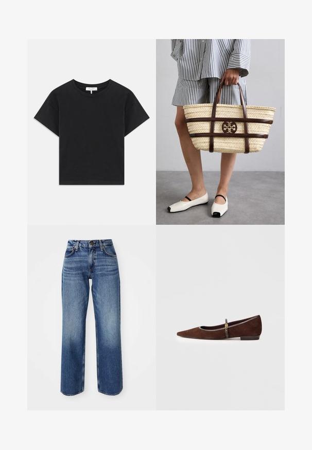 Juodas trumpas medvilninis marškinėliai su apvaliu iškirpimu, trumpomis rankovėmis ir paprastu dizainu be raštų ar puošmenų.; Šviesiai mėlyni džinsai su laisvu siluetu, aukštu juosmeniu, tiesiomis kojomis ir subtiliu išblukimu. Pagaminti iš džinsinio audinio su matomais siūlais ir metalinėmis detalėmis.; Rudos zomšiniai butai su smailiu kompiuteriu, turintys ploną dirželį ir aukso detalių akcentą. Batai turi žemą kulną ir pilką apdailą.; Austinto pintas pintų krepšys su rudos odos akcentais ir rankenomis. Pasižymi išpjautu logotipu ir kontrastuojančiomis horizontaliomis juostomis.