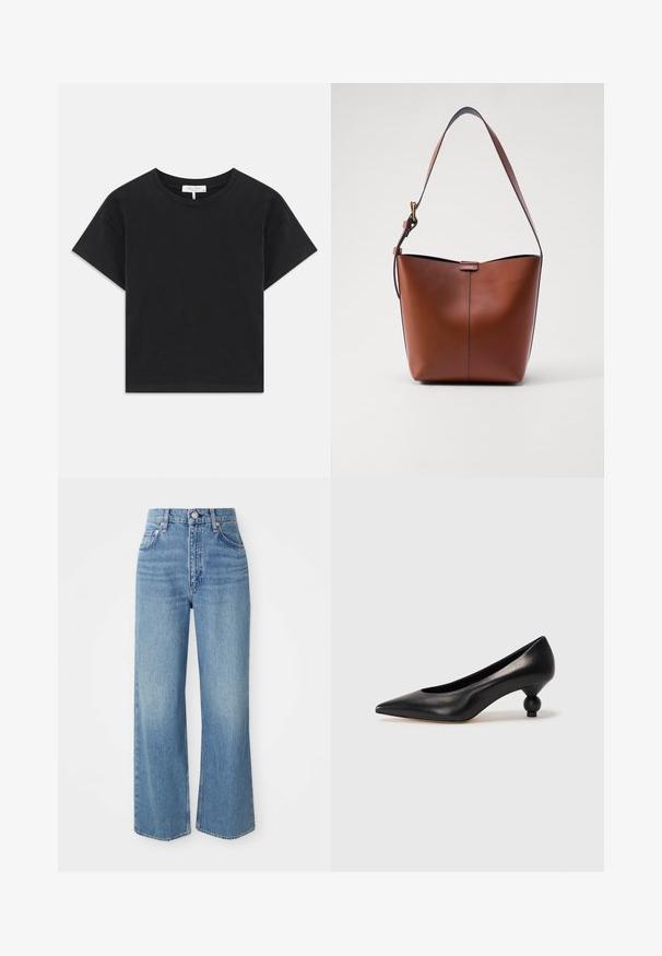 Schwarzes Crop-Top aus Baumwolle mit rundem Halsauschnitt, kurzen Ärmeln und einem schlichten Design ohne Muster oder Verzierungen.; Helle blaue Denim-Jeans mit hoher Taille, weitem Bein und rohem Saum. Verfügt über ein traditionelles Fünf-Taschen-Design und einen silbernen Knopfverschluss.; Schwarze Leder-Pumps mit spitzem Zehenbereich und runder, ballförmiger Ferse. Glatte Textur mit einem eleganten, minimalistischen Design.; Braune Leder-Schultertasche mit geschwungener Form, glatter Textur und einem einzelnen dünnen Trageriemen. Verfügt über eine dezente Naht und ein kleines Logodetail.