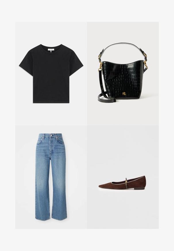 Svart kortärmad t-shirt i bomull med rund halsringning, korta ärmar och en enkel design utan mönster eller dekorationer.; Ljusblå denimjeans med hög midja, vida ben och rå kant. Har den traditionella femfickdesignen och knappstängning i silverfärg.; Brun mocka platt sko med spetsig tå, med en tunn rem och guldfärgad detalj. Skomodellen har en låg klack och grå kant.; Svart krokodilpräglad läderväska med en bågformad design, guldfärgade detaljer, en justerbar rem och en logodetalj framtill.