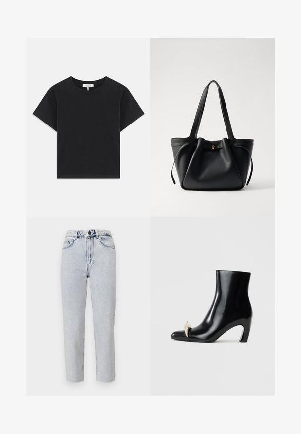 Črni skrajšan majica iz bombaža, z okroglim izrezom, kratkimi rokavi in preprostim dizajnom brez vzorcev ali okrasnih elementov.; Svetlo pranje jeans s ravnim krojem, visokim pasom, sprednjimi žepi in zankami za pas. Tkanina ima mehak, nekoliko zbledel videz.; Črne gležnjarje iz sijajnega usnja, s koničastim nosom in dekorativnim zlatim ter srebrnim detajlom spredaj. Oblika bloka pete.; Črna usnjena torba s dolgima ročajema, z nabranim vrhom in zlatim okroglim dodatkom. Gladka tekstura s minimalističnim oblikovanjem.