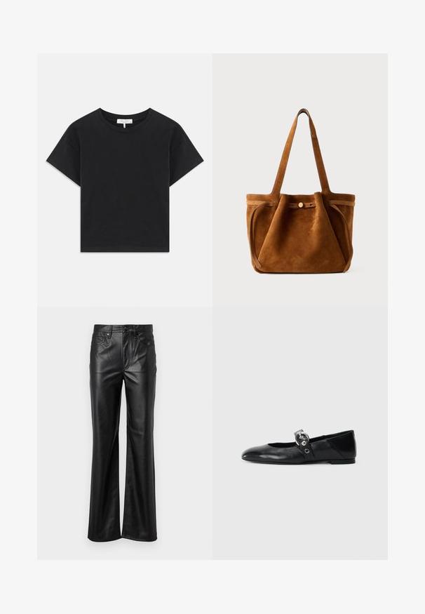 T-shirt noir cropped en coton, avec un col rond, des manches courtes et un design simple sans motifs ni embellissements.; Pantalons en cuir noir avec une coupe droite, dotés d'une fermeture à bouton, de passants de ceinture et de poches avant. Texture lisse et détails minimalistes.; Ballerines en cuir noir avec un bout pointu, dotées d'une sangle avec une boucle métallique circulaire et d'une semelle plate.; Sac fourre-tout en suede marron avec doubles poignées, un strap de fermeture à bouton et une forme décontractée, légèrement affaissée.