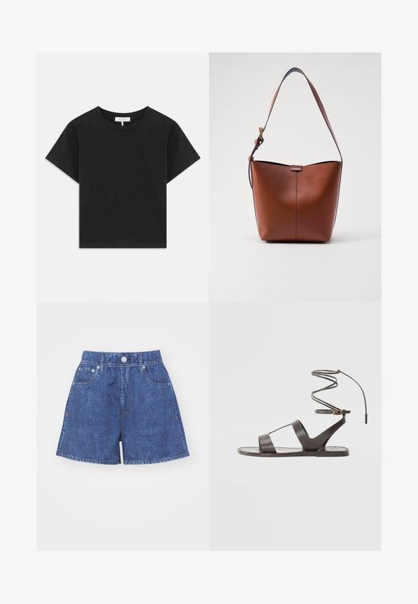 Črni skrajšan majica iz bombaža, z okroglim izrezom, kratkimi rokavi in preprostim dizajnom brez vzorcev ali okrasnih elementov.; Jeans kratke hlače v temno modri barvi z visokim pasom, z gumbom za zapiranje, dvema sprednjima žepoma in našitimi robovi.; Rjave usnjene sandale s ravnim podplatom, ki imajo minimalističen dizajn, ukrivljen trak za gleženj in več odprtin za zračnost.; Brah nožna torba iz usnja s ukrivljenim oblikom, gladko teksturo in enim tankim trakovi. Ima subtilno šiv in majhno oznako.