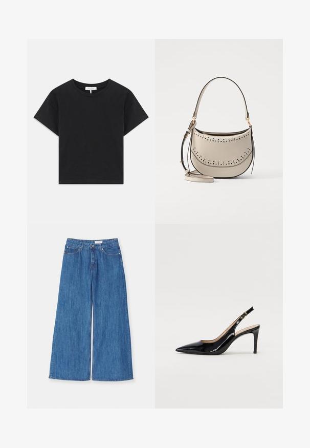 Čierny skrátený tričko vyrobené z bavlny, s okrúhlym výstrihom, krátkymi rukávmi a jednoduchým dizajnom bez vzorov alebo ozdôb.; Široké modré denimové džínsy s vysokým pásom, čistými líniami a jemným vyblednutím. Obsahujú štandardný dizajn s piatimi vreckami a zapínanie na gombík.; Čierne lakované kožené slingback lodičky s špicatou špičkou, štíhlým podpätkom a jemným výrezom. Obsahuje zlatú pracku na remienku.; Vanessa Bruno MINI DAILY BAG - Kabelka - ivoire