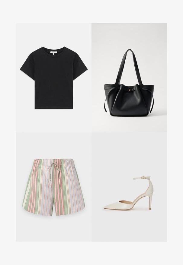 Camiseta negra corta de algodón, con escote redondo, mangas cortas y un diseño simple sin patrones ni adornos.; Pantalones cortos de algodón a rayas con una cintura con cordón. Presenta líneas verticales en verde, rosa, púrpura y crema. Textura suave, corte relajado.; Zapato de tacón alto de cuero blanco con punta afilada, correa en el tobillo y un delgado tacón de aguja. Textura lisa con un sutil acabado brillante.; Bolsa tote de cuero negro con dos asas largas, parte superior fruncida y un acento circular dorado. Textura suave con un diseño minimalista.