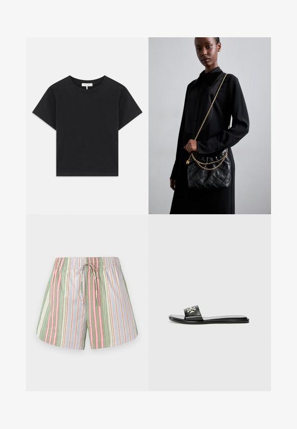 Fekete cropped póló, pamutból készült, kerek nyakú, rövid ujjú, egyszerű dizájnnal, minta vagy díszítés nélkül.; Csíkos pamut rövidnadrág húzózsinóros derékkal. Zöld, rózsaszín, lila és krémszínű függőleges csíkokkal díszítve. Puha tapintású, laza fazonú.; Fekete lapos csúszó szandál szintetikus anyagból, széles pánttal, fémes logóval és sima, fényes felülettel.; Fekete steppelt bőr kézitáska gyűrt toppal, arany lánc vállpánttal és téglalap alakú formával, egyszerű háttér előtt tartva.