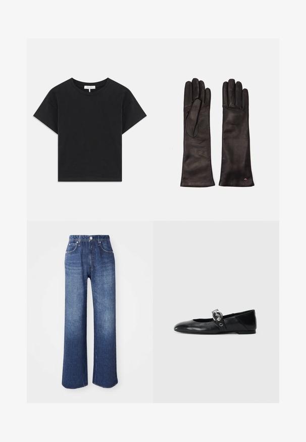 Svart kortärmad t-shirt i bomull med rund halsringning, korta ärmar och en enkel design utan mönster eller dekorationer.; Breda blå denimjeans med hög midja, fem fickor och ett silverfärgat knappstängning. Tyget har en slät yta med subtila blekningar.; Svarta läderballetskor med spetsig tå, med en rem som har en rund metallspänne och en platt sula.; Weekend Max Mara SENAPE - Fingervantar - nero