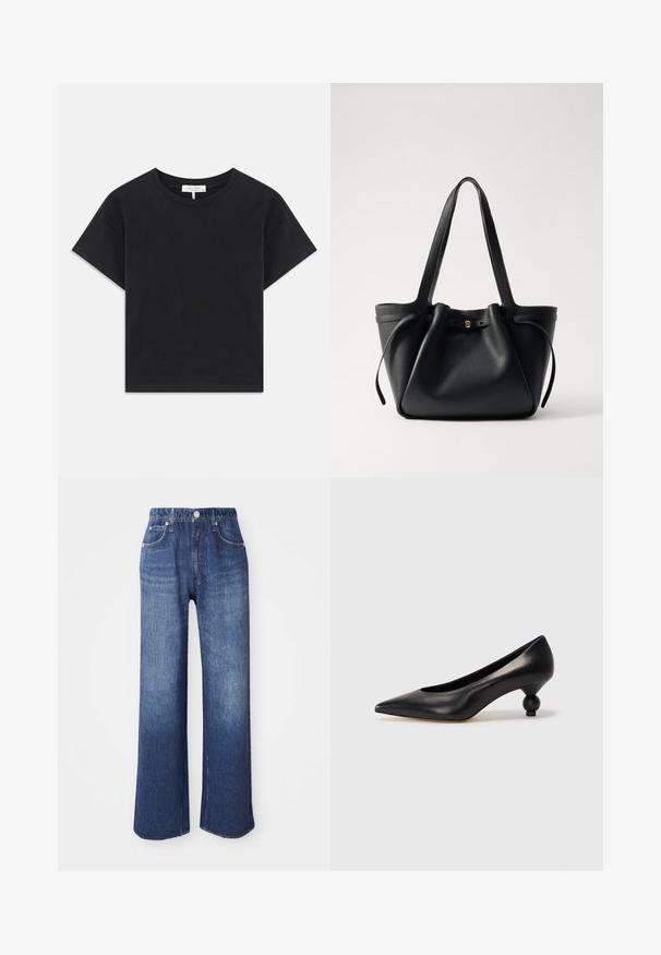 Black cropped t-shirt made of cotton, featuring a round neckline, short sleeves, and a simple design with no patterns or embellishments.; Wide-leg blue denim jeans, featuring a high waist, five pockets, and a silver button closure. The fabric has a smooth texture with subtle fading.; Black leather high heel shoe with a pointed toe and a round, balled heel. Smooth texture with a sleek, minimal design.; Black leather tote bag with two long straps, a cinched top, and a gold circular accent. Smooth texture with a minimalist design.