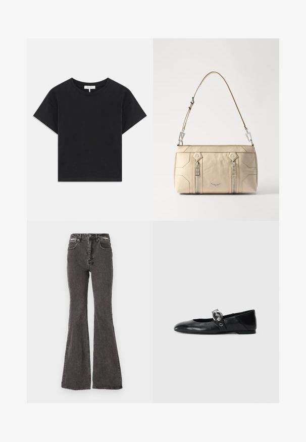 Fekete cropped póló, pamutból készült, kerek nyakú, rövid ujjú, egyszerű dizájnnal, minta vagy díszítés nélkül.; Fekete trapéznadrág, amely denimből készült, elhasználódott textúrával, elülső zsebekkel, övhurkokkal és fém kiegészítőkkel a derékon.; Fekete bőr balettcipők, hegyes orral, kör alakú fémbújtatóval ellátott pánttal és lapos talppal.; Beige bőrből készült kézitáska ezüst részletekkel, két oldalsó cipzárral, strukturált kialakítással és levehető pánttal a sokoldalúság érdekében.