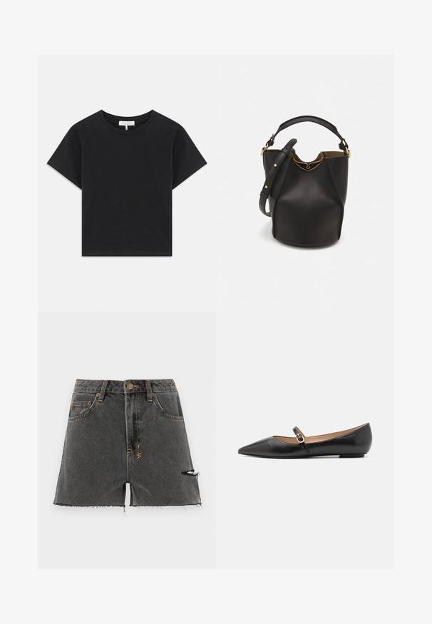 Melnā īsā krekla t-kreklu, kas izgatavots no kokvilnas, ar apaļu kakla izgriezumu, īsām piedurknēm un vienkāršu dizainu bez rakstiem vai rotājumiem.; Tums džinsu šorti tumši pelēkā krāsā ar saplēstu malu, nolietotiem sīkumiem un kontrastējošiem dzelteniem diegiem. Iekļauj tradicionālos kabatas un priekšējo pogu.; Melnas ādas baleta kurpes ar norādīto pirkstu un sānu siksniņu, kurai ir apaļš zelta akcents. Vieglas ar plakanu zoli.; Melnas ādas spainīša somas ar teksturētu apdari, zelta metāla aksesuāriem un atvērtu augšu. Piedāvā īsu rokturi un regulējamu plecu siksnu.