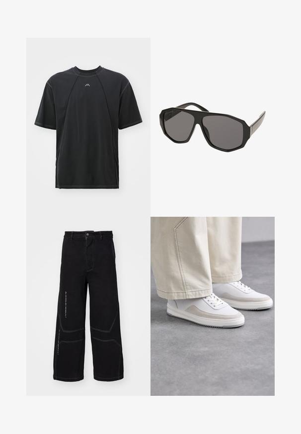 Melna īsām piedurknēm T-krekls ar apaļu izgriezumu, ar kontrastējošām vīlēm un mazu logo uz krūšu daļas. Izgatavots no mīksta kokvilnas auduma.; Melni plaši džinsi no denima ar kontrastējošām baltām šuvēm un ģeometriskām paneļu detaļām. Priekšējā pogu aizdare ar kabatām.; Baltas sporta apavi ar gludu ādas virsu, bēša zamšas akcentiem, plakaniem šņorēm un teksturētu gumijas zoli, saskaņoti ar gaišas krāsas platajiem biksēm.; Melnas pārgriezīgas saulesbrilles ar astoņstūra rāmi, pelēkajiem tonētiem stikliem un gludām plastmasas kājām. Metāla akcenti pie eņģēm.