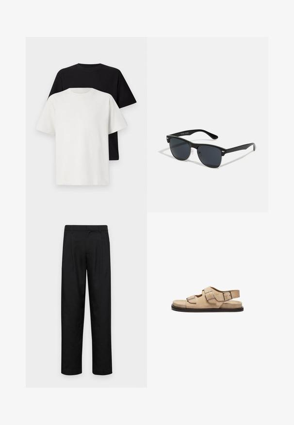 Sæt af bomulds T-shirts bestående af en sort top og en hvid top, begge med korte ærmer, rund halsudskæring og standard pasform. Tekstureret stof.; Sorte bukser lavet af glat stof, med et lige ben-design, to frontfolder og en standard talje med bæltestropper.; Beige ruskindsandal med to justerbare sølv spænder, åben tå, bagsmæk og en flad sort gummisål. Minimalistisk design, blød tekstur.; Sorte solbriller med rektangulær form, mørke linser, sølvdetaljer ved tindingerne og en mat finish på stellet.
