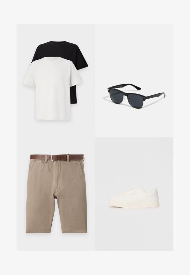 Cotton t-shirt set featuring a black top and a white top, both with short sleeves, round neckline, and standard fit. Textured fabric.; Tan cotton shorts with a straight cut, featuring a brown leather belt and side pockets, smooth texture with neatly finished hems.; White slip-on sneakers with a textured surface, a thick sole, and minimalistic design. Features brand logo on the side.; Black sunglasses with a rectangular shape, dark lenses, silver accents at the temples, and a matte finish on the frame.
