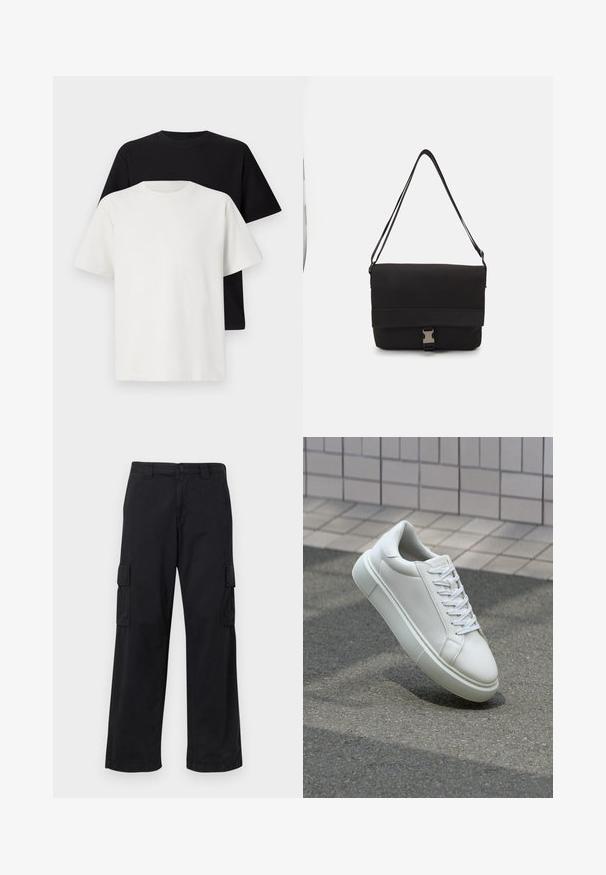 Katoenen T-shirt set met een zwarte top en een witte top, beide met korte mouwen, ronde hals en een standaard pasvorm. Textuurstof.; Zwarte cargobroek van een katoenmix, met een losse pasvorm, twee zijzakken en knoopsluiting. Vlakke textuur met minimale versieringen.; Witte leren sneaker met een glad oppervlak, ronde neus en platte witte veters. Voorzien van een gestructureerde rubberen zool en minimale ontwerpelementen.; Zwarte schoudertas van glad materiaal, met een omklapflap, zilveren sluiting en een verstelbare schouderband.